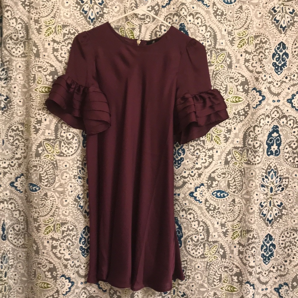Maroon, Silk Shift Dress with Ruffle Sleeve